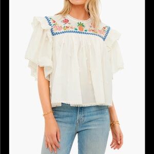 FARM Rio White Blouse with Colorful Floral Embroidery